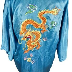 Vintage Pearls Silk Dragon Embroidered Robe Blue Kimono Style Size S Midcentury